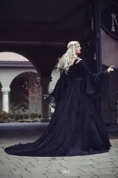 Naujas Atvykimo Gotikos Vestuvių Suknelės, Aukštos Kokybės Juodas Visiškai Nėrinių Ilgas Rankovėmis Viduramžių Vestuvinės Suknelės Nėriniai-up Atgal su Traukiniu