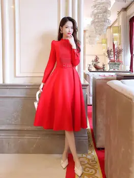 Naujas Vintage Moterys Vasarą Puoštas kilimo ir tūpimo Tako Suknelės 2021 Moterys ilgomis Rankovėmis Diržas-line Kietas Šalis Kelio Ilgio Juoda / Raudona Suknelė