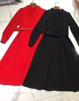 Naujas Vintage Moterys Vasarą Puoštas kilimo ir tūpimo Tako Suknelės 2021 Moterys ilgomis Rankovėmis Diržas-line Kietas Šalis Kelio Ilgio Juoda / Raudona Suknelė