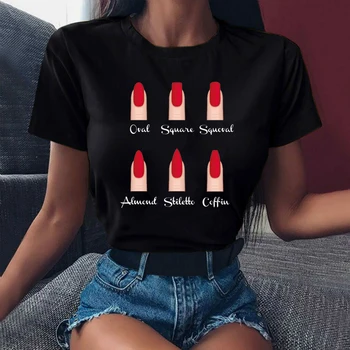 Nauji Marškinėliai Moterų Mados Asmenybės Nail Art Print Tshirts Atsitiktinis Vasaros Trumpas rankovėmis Harajuku Juokinga Juodi Marškinėliai, Moterų Topai