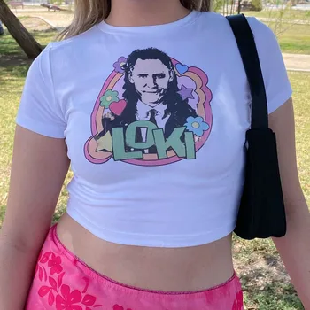 Naujos Tendencijos Loki Letter Spausdinimo Moterys, T-marškinėliai, Unisex Spalvingi Gėlių Grafinis Marškinėliai Lady Filmas Super Herojus Gerbėjai Atsitiktinis Viršūnes&tee