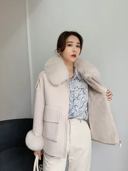 Naujųjų metų 2021 žiemos moterys šiltas nekilnojamojo vilnos paltai ir švarkai su nekilnojamojo kailių apykaklės