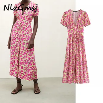 Nlzgmsj Za Suknelė Moterims, Elegantiškas Trumpomis Rankovėmis V-Kaklo Midi Suknelė Moterims Priekiniai Mygtukai Gėlių Spausdinti Suknelės Ponios 202105