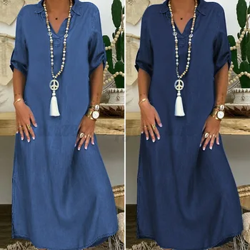Overszie Moterų Atsitiktinis Palaidų Maxi Suknelė Denim Blue Kietas Pusė Rankovėmis Plius Dydis 5XL Boho Paplūdimio Padengti Iki Ilgosios Suknelės Skraiste, Vestidos