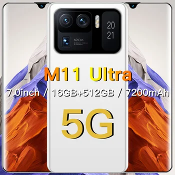 Pasaulinė Versija 7.0 Colių M i 11 Ultra išmaniųjų telefonų 16+512 GB 32+64MP Andriod 10 Tinklo Telefonas 10 Core Dual SIM 4G LTE 5G Mobilųjį Telefoną