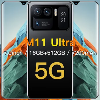 Pasaulinė Versija 7.0 Colių M i 11 Ultra išmaniųjų telefonų 16+512 GB 32+64MP Andriod 10 Tinklo Telefonas 10 Core Dual SIM 4G LTE 5G Mobilųjį Telefoną