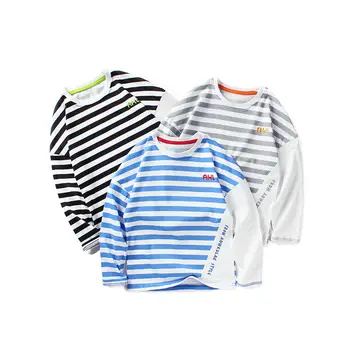 Pavasario 2021 Berniukams ilgomis Rankovėmis marškinėliai Dryžuotas O-kaklo Apačioje Viršūnes Paaugliams Mada Vaikams, Drabužiai Berniukams nuo 8 Iki 12 Juoda/pilka/mėlyna
