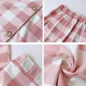 Pavasario Pajama Komplektai Moterų Pledas Sweet Pink Sleepwear trumpomis Rankovėmis Mygtuką-iki Viršūnės Ilgas Kelnes Kvėpuojantis Baggy Pižama Moterų Elegancija