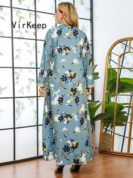 Pavasarį moterys atsitiktinis gėlių spausdinti prarasti maxi dress pilno rankovės kimono abaja dubajus ramadanas suknelė musulmonų apdaras plius dydis VKDR2470