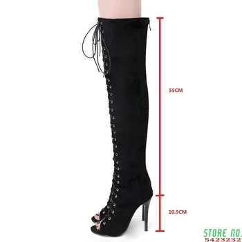 Per kelio ilgi batai moterims seksualus aukšti kulniukai nėrinių peep toe ponios batai juoda kryžiaus strappy punk aukštakulniais batais didelis dydis