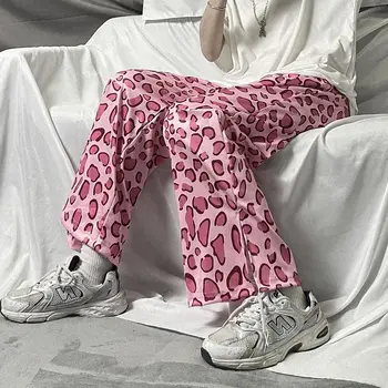 Platus kojų kelnės moteriška vasaros ins kepti gatvės pink leopard spausdinti tiesiai atsitiktinis kelnės prarasti bf aukštos juosmens, plonas kelnes tren