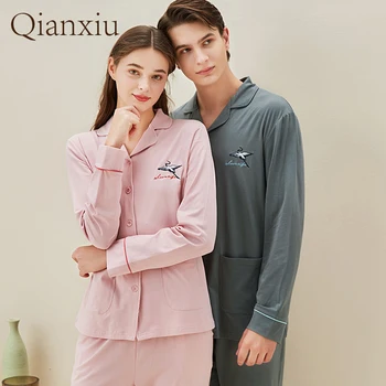 Poros namuose dėvėti pavasarį naujas megztinis išsiuvinėti pižama moterų ir vyrų megztas medvilnės pižama 21143