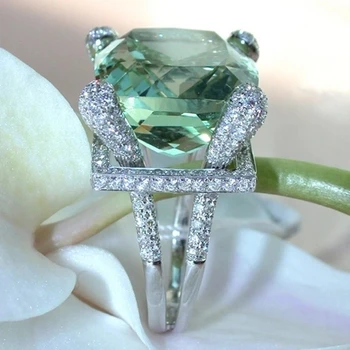 Prabangos Didelės Žalios Crystal Žiedą, Moterims Užpildyti Kubinis Cirkonis Papuošalai, Pakabukai Jaunavedžių Vestuvių Vestuvinis Žiedas Valentino Dienos Dovanų