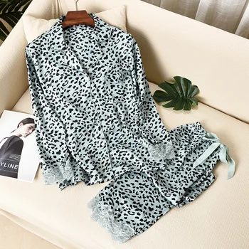 Prabangos prekės ženklo mados Leopardas Spausdinti Moterų Pajama Nustatyti Ledo Šilko Minkšta ilgomis Rankovėmis Kostiumas Pižamos naktiniai drabužiai