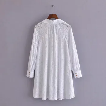 PSEEWE Za Cutwork Siuvinėjimo Balta Mini Suknelė Moterims Vasaros Mados 2021 Pritvirtinti ilgomis Rankovėmis Marškinėliai Suknelė Moteris Atsitiktinis Suknelės