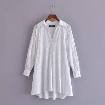 PSEEWE Za Cutwork Siuvinėjimo Balta Mini Suknelė Moterims Vasaros Mados 2021 Pritvirtinti ilgomis Rankovėmis Marškinėliai Suknelė Moteris Atsitiktinis Suknelės