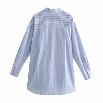 PSEEWE Za Moteris 2021 Dryžuotas Marškinėliai Moterims Mėlyną Mygtuką, Iki Marškinėliai ilgomis Rankovėmis Vasaros Palaidinė Moteriška Mada Kišenėje Atsitiktinis Ponios Viršūnės