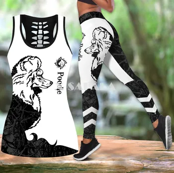 Pudelis Juodos Tatuiruotės Šuo Dviejų dalių Jogos Rinkinį Moterims 3D Spausdinimo Vest Tuščiaviduriai Iš Bako Viršuje Aukšto Juosmens Legging Vasaros Laisvalaikio Sportas