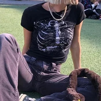 Punk streetwear 90-ųjų derliaus trumparankoviai marškinėliai moteriška gotikos Harajuku grunge grafinis spausdinti y2k estetinės pasėlių viršuje vasaros slim