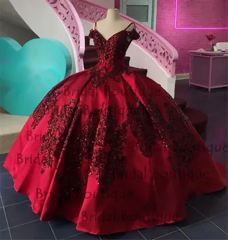 Raudona Quinceanera Suknelės su Blizgančiais Aplikacijos nuo Peties Saldus 16 Suknelė vestido de 15 anos 2021 Kamuolys Prom Chalatai