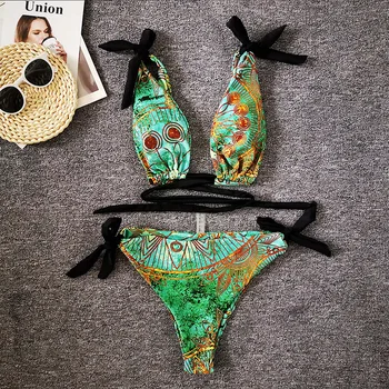Retro Spausdinti Bikini maudymosi kostiumėlis Su Ryšiais Naujas 2 Gabalus, maudymosi Kostiumėliai, Aukštos Juosmens Derliaus Paplūdimio Maudymosi Kostiumą Plaukimo Kostiumas Moterims 2021