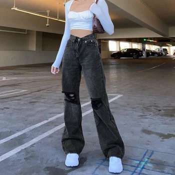 Rockmore Aukšto Juosmens Moterų Džinsus 90s Streetwear Skylių Kelnės Y2K Mama Draugu Nelaimę Kelnes Plati Koja Pants Džinsai Capris