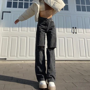 Rockmore Aukšto Juosmens Moterų Džinsus 90s Streetwear Skylių Kelnės Y2K Mama Draugu Nelaimę Kelnes Plati Koja Pants Džinsai Capris