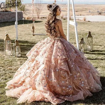 Rose Aukso Prabangos Quinceanera Suknelės 2021 Blizgančiais Nėriniais, Karoliukais Rankovių Blizgučiai Šalis Princesė Saldus 16 Kamuolys Suknelė Suknelė Vestidos
