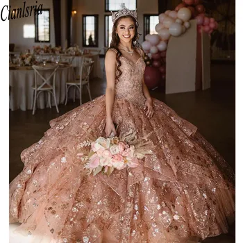 Rose Aukso Prabangos Quinceanera Suknelės 2021 Blizgančiais Nėriniais, Karoliukais Rankovių Blizgučiai Šalis Princesė Saldus 16 Kamuolys Suknelė Suknelė Vestidos