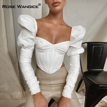 Rose Wangice Aikštėje Apykaklės Vintage Mados Korsetas, Moteris Viršuje ir Palaidinė Marškiniai, Elegantiškas Sluoksniuotos ilgomis Rankovėmis Viršūnes Seksuali Palaidinė Blusas