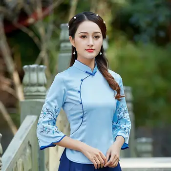 Rožinė Viršūnes Kinijos Qipao Marškinėliai Guzheng Siuvinėjimo Gėlių Nacionalinių Muitinės Mados Kasdien Kinijos Arbatos Ceremonija Tarnauti Šilko Švarkas