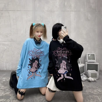 Rudenį Kietas Japonų Anime Ir Animacinių Filmų Goth Punk Slaugytoja Print Long Sleeve T-Shirt Moterims, Medvilnės Viršuje Prarasti Negabaritinių Mados Tees