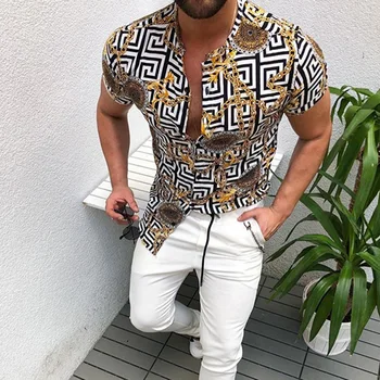 Rudenį Naujas Vyrų Derliaus Negabaritinių Marškinėliai Etninės Spausdinti Turndown Apykakle Ilgomis Rankovėmis Marškinėliai Havajų Dryžuotas Shirt Mens Moda Hombre