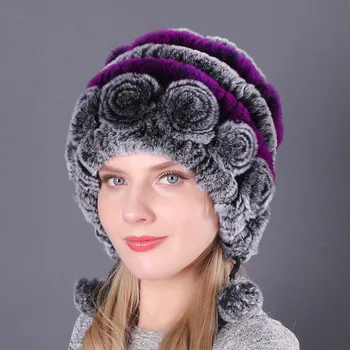 Rusijos Moterų Merginos Kailiniai galvos Apdangalai Prekės ženklo Mados Šiltas Beanies Bžūp Moterų Kailio Kepurę Žiemai Natūralaus Triušio Lapės Kailio Kepurė su Kamuoliu