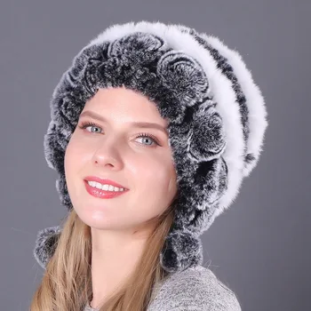 Rusijos Moterų Merginos Kailiniai galvos Apdangalai Prekės ženklo Mados Šiltas Beanies Bžūp Moterų Kailio Kepurę Žiemai Natūralaus Triušio Lapės Kailio Kepurė su Kamuoliu