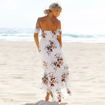 Seksualus Off Peties Trumpas Rankovės Ilga Suknelė Moterims Drabužių 2019 M. Vasarą Boho Paplūdimio Gėlių Spausdinti Maxi Suknelės Bohemijos Atsitiktinis Suknelė