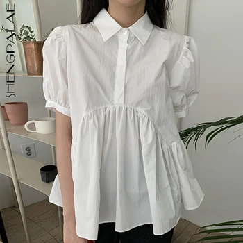 SHENGPALAE balta raukšlės palaidinė moterų vasaros 2021 naujas atvartas prarasti vieną krūtinėmis trumpas sluoksniuotos rankovėmis juodi marškinėliai moteriška 5E2154