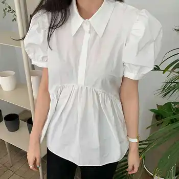 SHENGPALAE balta raukšlės palaidinė moterų vasaros 2021 naujas atvartas prarasti vieną krūtinėmis trumpas sluoksniuotos rankovėmis juodi marškinėliai moteriška 5E2154