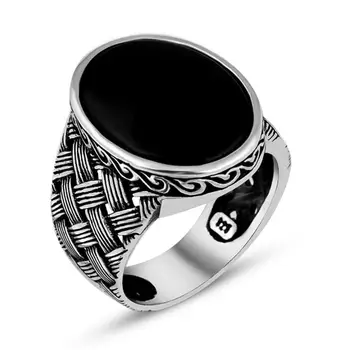 Sidabro Žiedas Vyrams Megzti Raštuotas Juodos Onikso Akmuo, Ovalo formos 925 Nerūdijančio , Rankų darbo Osmanų Stiliaus