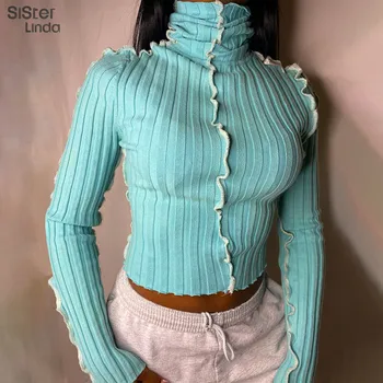 Sisterlinda Moterų Siuvimo Kraštų Dryžuotas Kratinys Ilgomis Rankovėmis Golfo Megzti Slim Soild Viršūnes Femme Marškinėliai Streetwear Komplektai