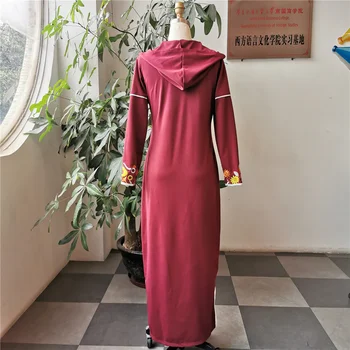 Siuvinėjimo Moterų Suknelė Gėlių Vasarą Raudona Musulmonų Ilgos Suknelės Atsitiktinis Tiesiai Prarasti Maxi Vestiods Kišenėje Hood Afrikos Ponios