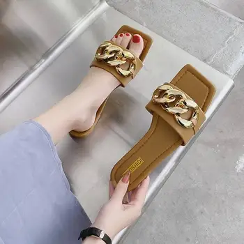 SONDR Naujo Prekės ženklo Moterys Šlepetė Aikštėje Kojų Metalo Grandinės Projektavimo Skaidres Butas Kulnas Ponios Sandalas Vasaros Lauko Paplūdimio Flip Flop