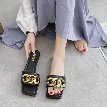 SONDR Naujo Prekės ženklo Moterys Šlepetė Aikštėje Kojų Metalo Grandinės Projektavimo Skaidres Butas Kulnas Ponios Sandalas Vasaros Lauko Paplūdimio Flip Flop