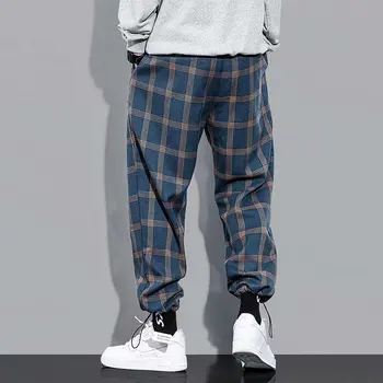 Streetwear Mėlynos Spalvos Pledas Kelnės Vyrams Poilsiu 2021 Mens Tiesiai Haremo Kelnės Vyrams Raišteliu Korėjos Hip-Hop Kelnės Sweatpants