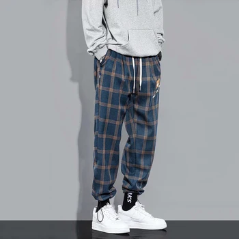 Streetwear Mėlynos Spalvos Pledas Kelnės Vyrams Poilsiu 2021 Mens Tiesiai Haremo Kelnės Vyrams Raišteliu Korėjos Hip-Hop Kelnės Sweatpants