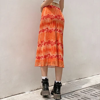 Summer Skirts Women Boho Beach Casual Skirts Female High Waist Floral Printing Orange Midi Skirt Party Holiday Clothing