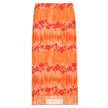 Summer Skirts Women Boho Beach Casual Skirts Female High Waist Floral Printing Orange Midi Skirt Party Holiday Clothing