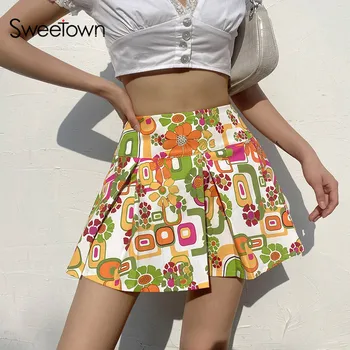 Sweetown Gėlių Spausdinti Y2K Klostuotas Mini Sijonai Moteris, 2000 Estetinės Kawaii Drabužius Preppy Stilius Mažas Juosmens E Mergina Vasaros Sijonas