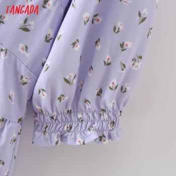 Tangada 2021 m. Vasarą Moterys Violetinės Gėlės Spausdinti prancūzų Stiliaus Suknelė V-Kaklo trumpomis Rankovėmis Ponios Sundress 2M180