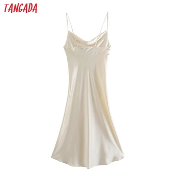 Tangada Moterų Smėlio spalvos Mygtukai Sexy Satin Ilgas Dirželis Suknelė be Rankovių 2021 Mados Lady Šalis Suknelės Vestido 3H324